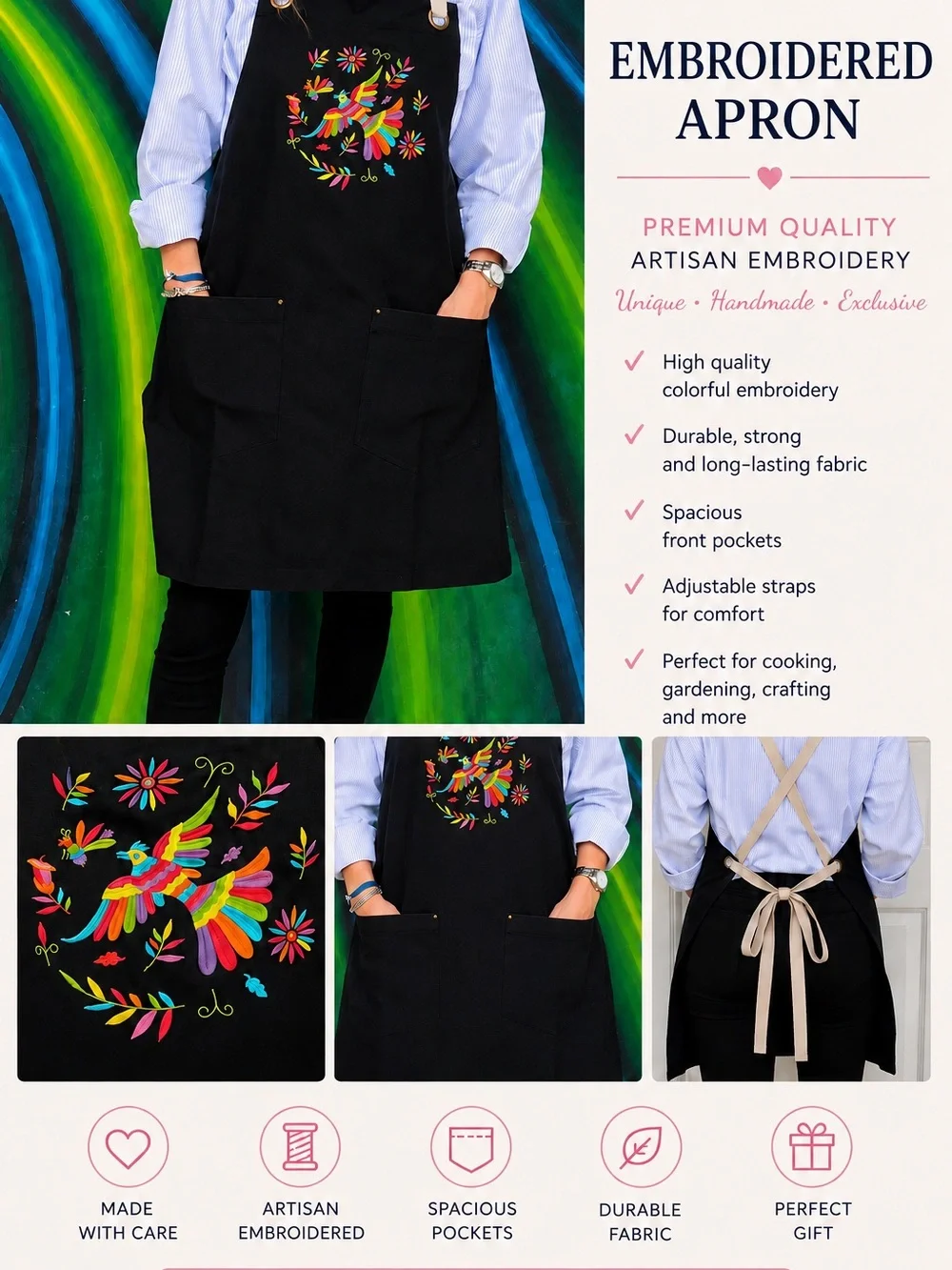 Black Apron with Colorful Embroidered Bird and Floral Design
